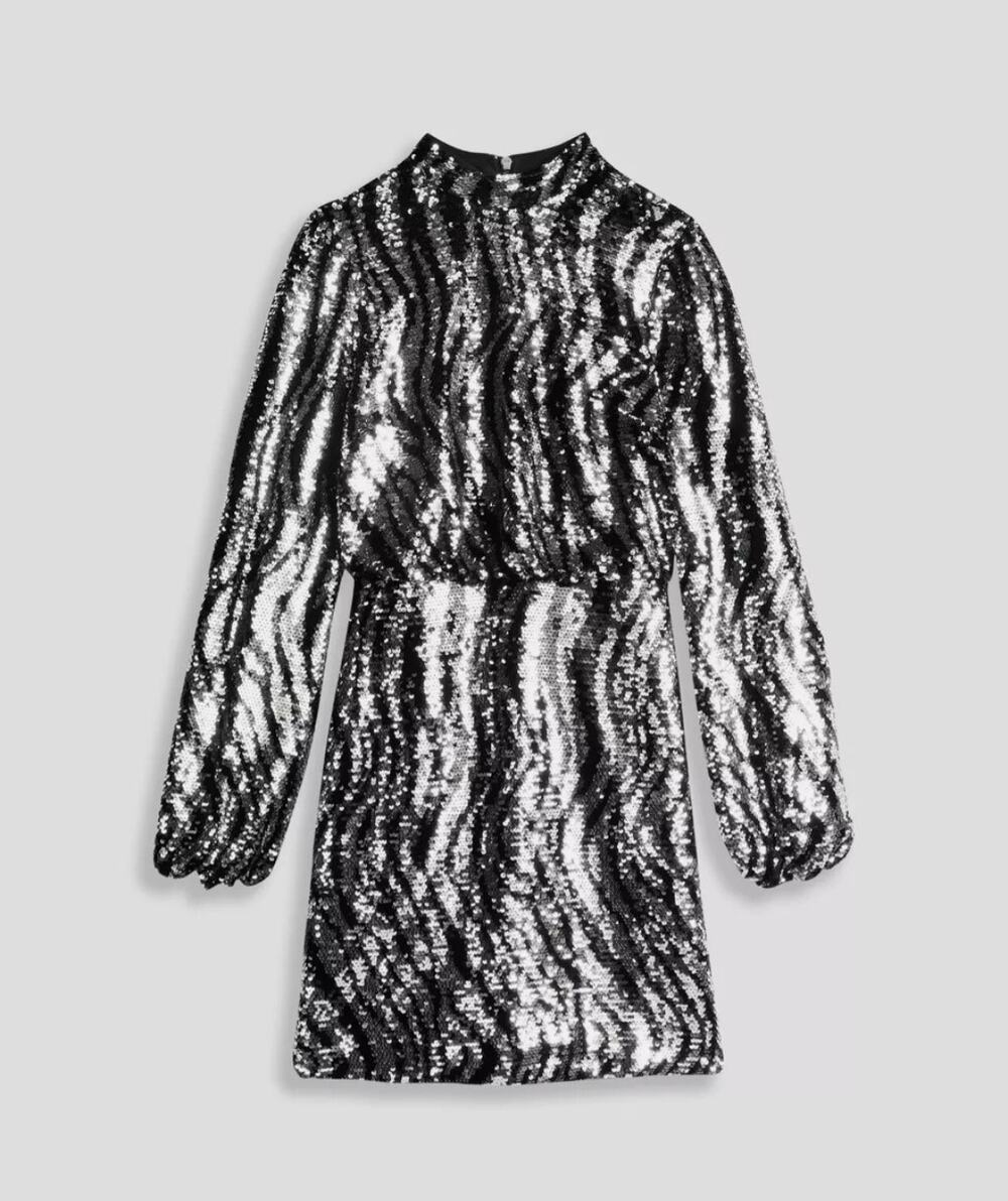 NWT Ted Baker Louu Silver & Black Zebra Sequin Mini Dress Long Sleeve XS